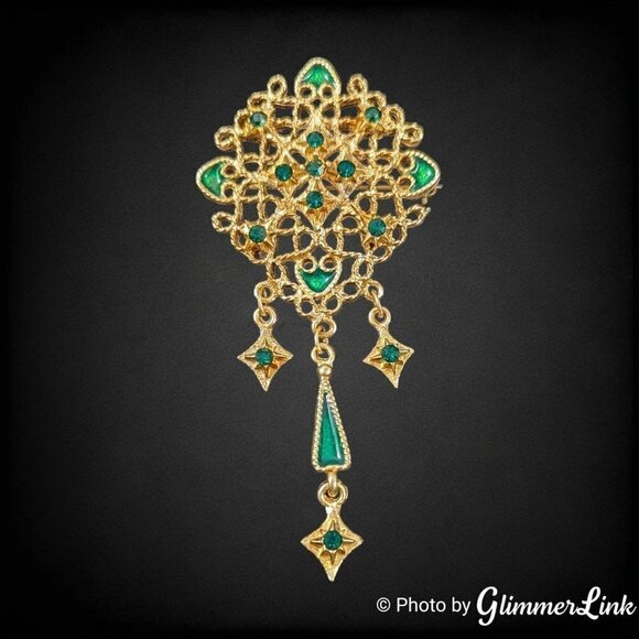 VTG Green Rhinestones & Enamel Filigree Dangles Victorian Style Gold Tone Brooch - Picture 1 of 8